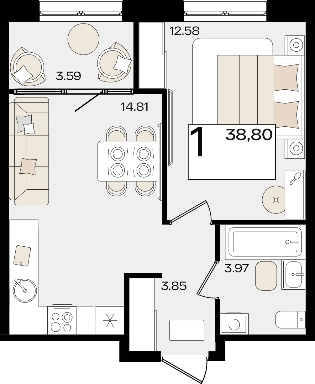 Планировка 1-комн. квартира, 38.8 м² ЖК «Патрики»