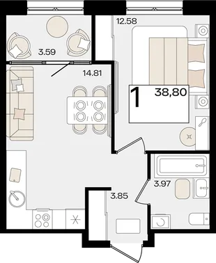 Планировка 1-комн. квартира, 38.8 м² ЖК «Патрики»