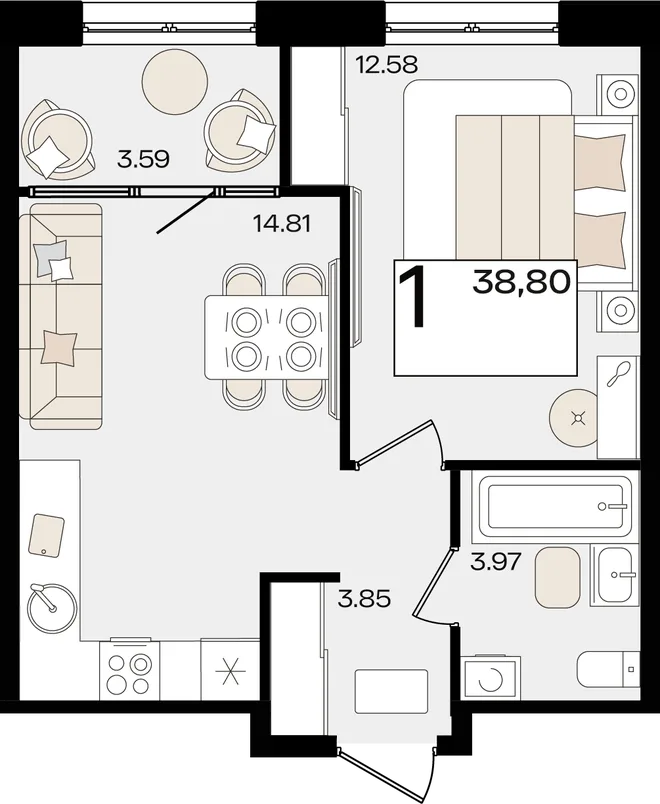 Планировка 1-комн. квартира, 38.8 м² ЖК «Патрики» Планировка 1-комн. квартира, 38.8 м² ЖК «Патрики»