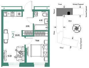 Планировка 2-комн. квартира, 33.03 м² ЖК «Микрорайон Домашний»