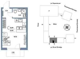 Планировка Студия, 26.99 м² ЖК «Сердце Сибири»