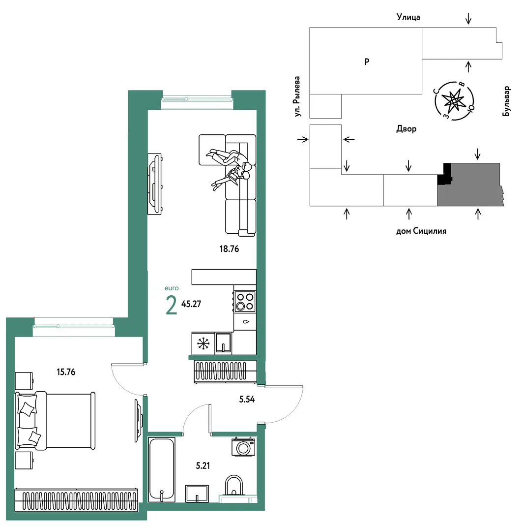 Планировка 2-комн. квартира, 45.27 м² ЖК «Остров-сад»