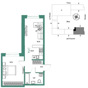 Планировка 2-комн. квартира, 45.27 м² ЖК «Остров-сад»