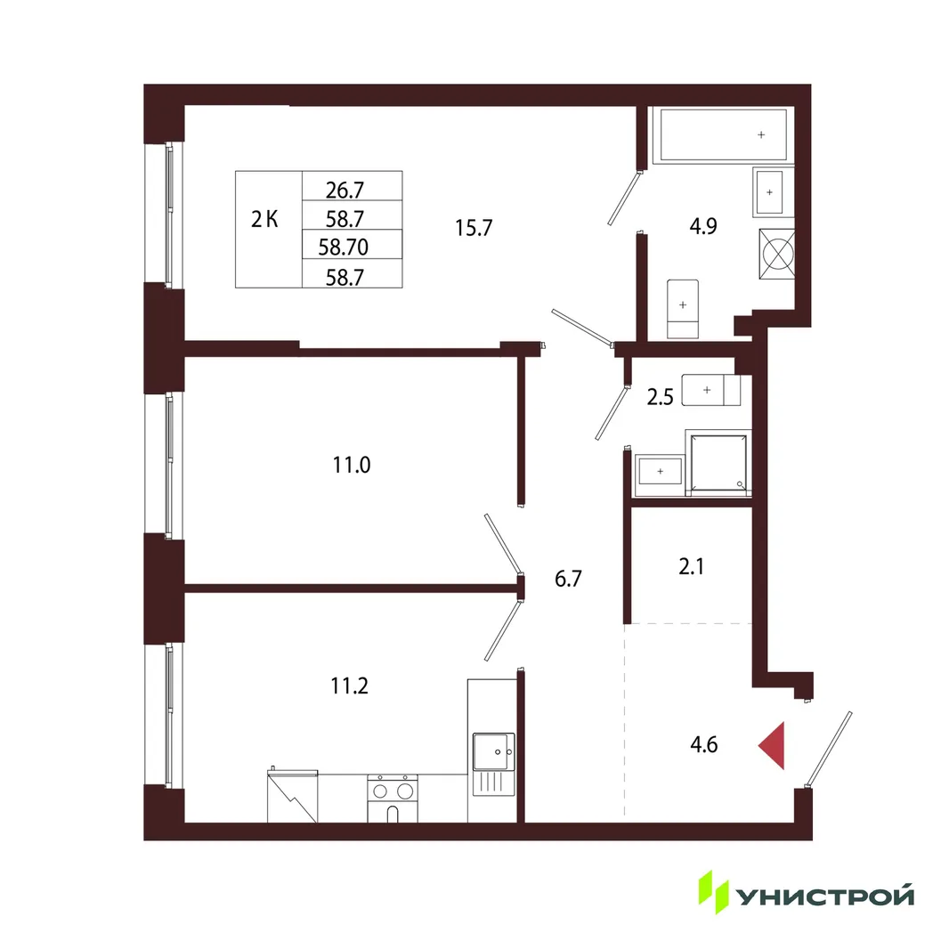 Планировка 2-комн. квартира, 58.7 м² ЖК «Лисино»