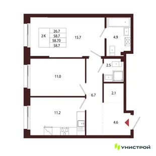 Планировка 2-комн. квартира, 58.7 м² ЖК «Лисино»