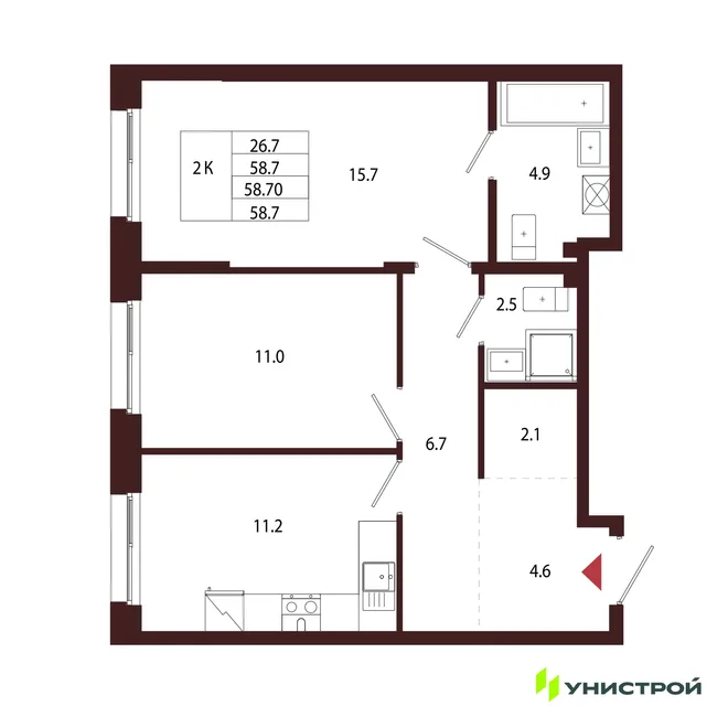 Планировка 2-комн. квартира, 58.7 м² ЖК «Лисино»
