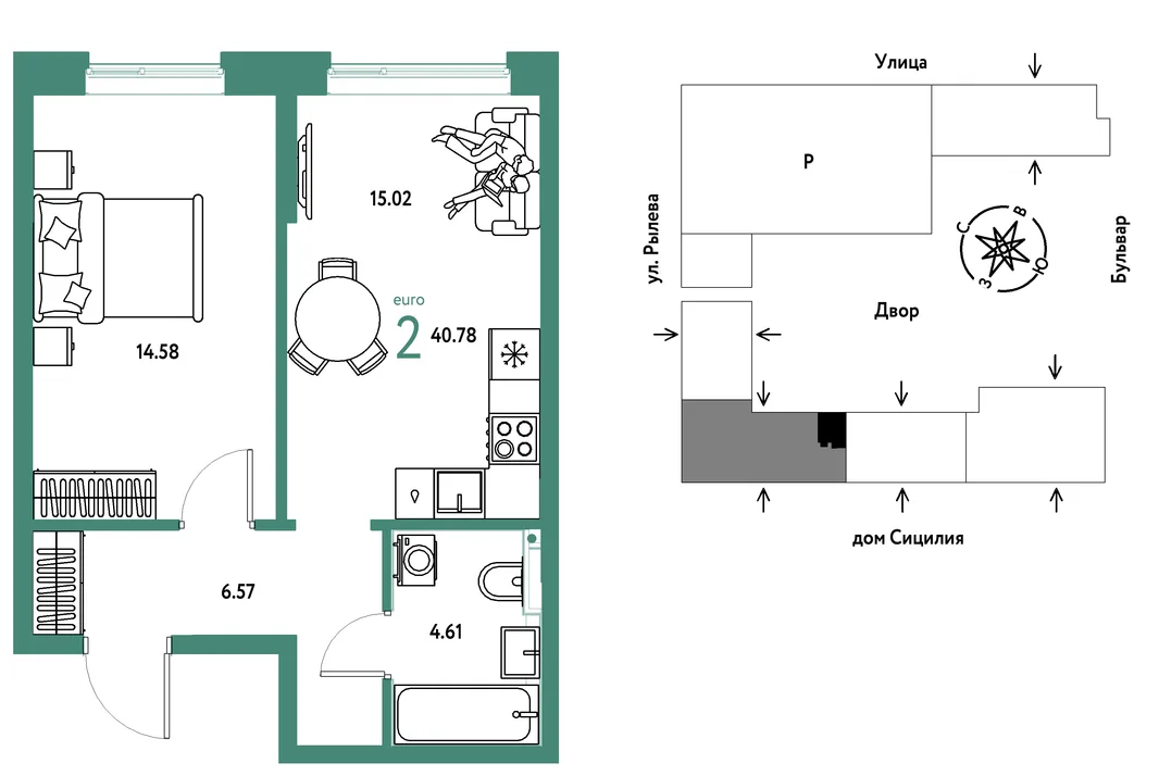 Планировка 2-комн. квартира, 40.78 м² ЖК «Остров-сад»