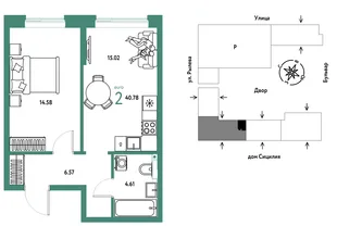 Планировка 2-комн. квартира, 40.78 м² ЖК «Остров-сад»