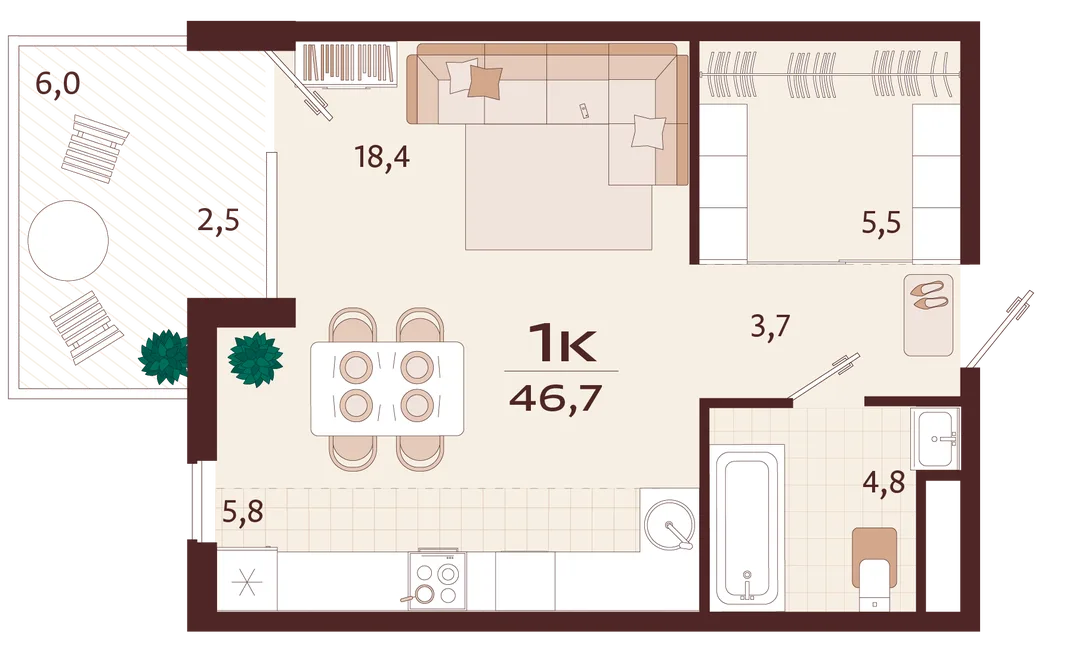 Планировка 1-комн. квартира, 46.7 м² ЖК «Роялта»
