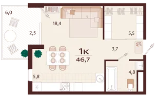 Планировка 1-комн. квартира, 46.7 м² ЖК «Роялта»