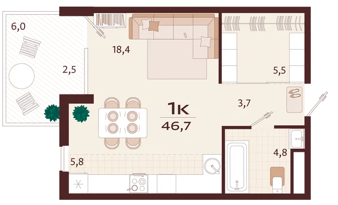 Планировка 1-комн. квартира, 46.7 м² ЖК «Роялта» Планировка 1-комн. квартира, 46.7 м² ЖК «Роялта»