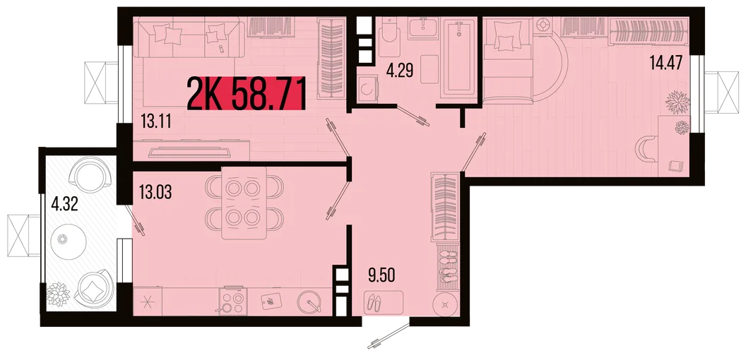 Планировка 2-комн. квартира, 56.56 м² ЖК «Цветной бульвар»