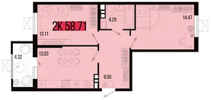 Планировка 2-комн. квартира, 56.56 м² ЖК «Цветной бульвар»