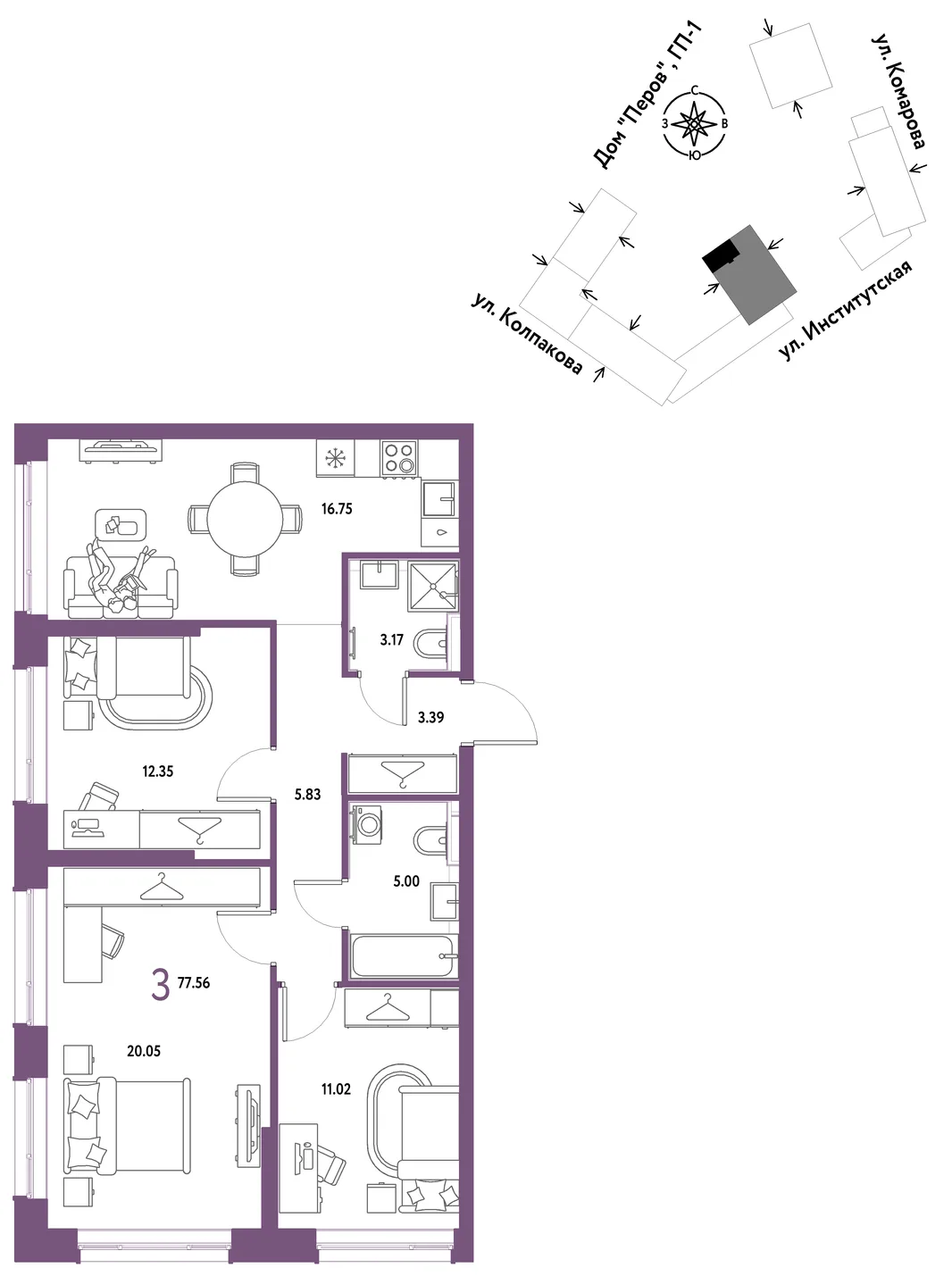 Планировка 3-комн. квартира, 77.56 м² ЖК «Страна.Парковая»
