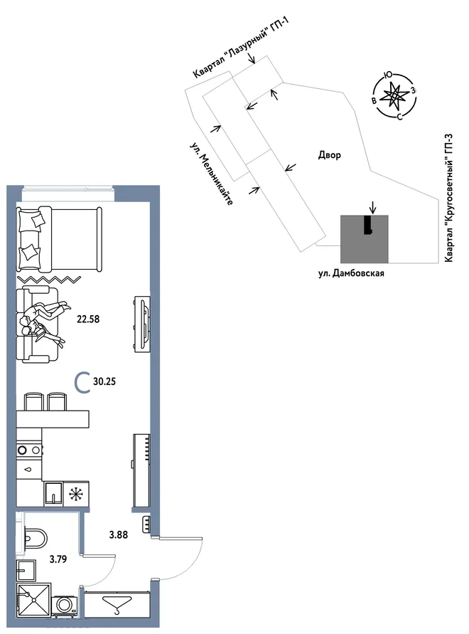 Планировка Студия, 30.25 м² ЖК «Страна Прибрежная» Планировка Студия, 30.25 м² ЖК «Страна Прибрежная»