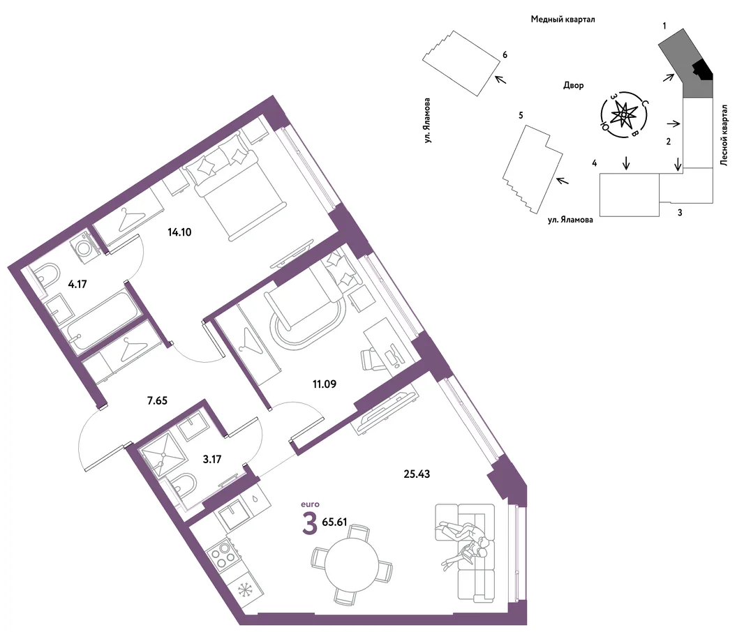 Планировка 3-комн. квартира, 65.61 м² ЖК «Сибирский сад»