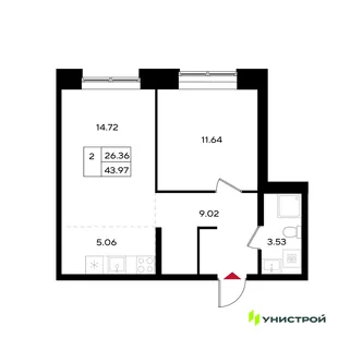 Планировка 2-комн. квартира, 43.97 м² ЖК «Уникум на Энгельса»