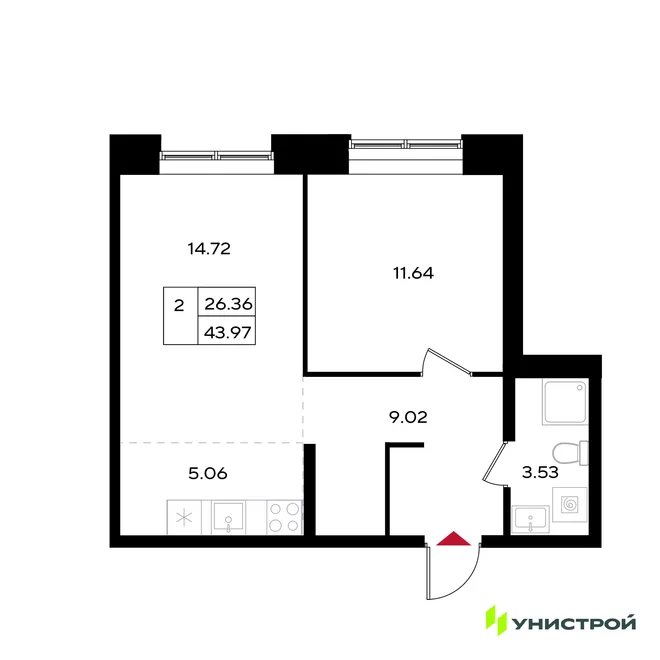 Планировка 2-комн. квартира, 43.97 м² ЖК «Уникум на Энгельса» Планировка 2-комн. квартира, 43.97 м² ЖК «Уникум на Энгельса»