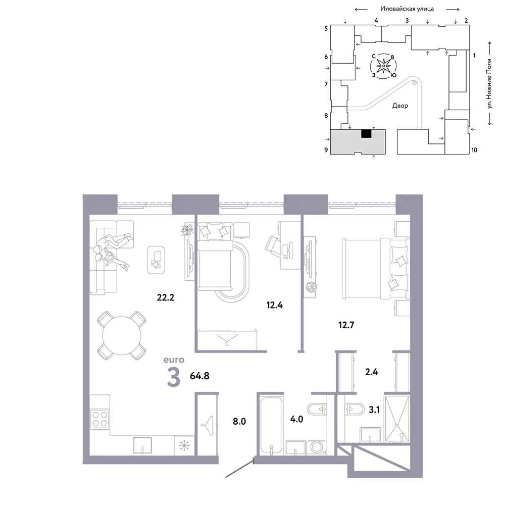 Планировка 3-комн. квартира, 64.8 м² ЖК «Страна.Заречная»
