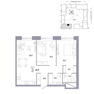 Планировка 3-комн. квартира, 64.8 м² ЖК «Страна.Заречная»