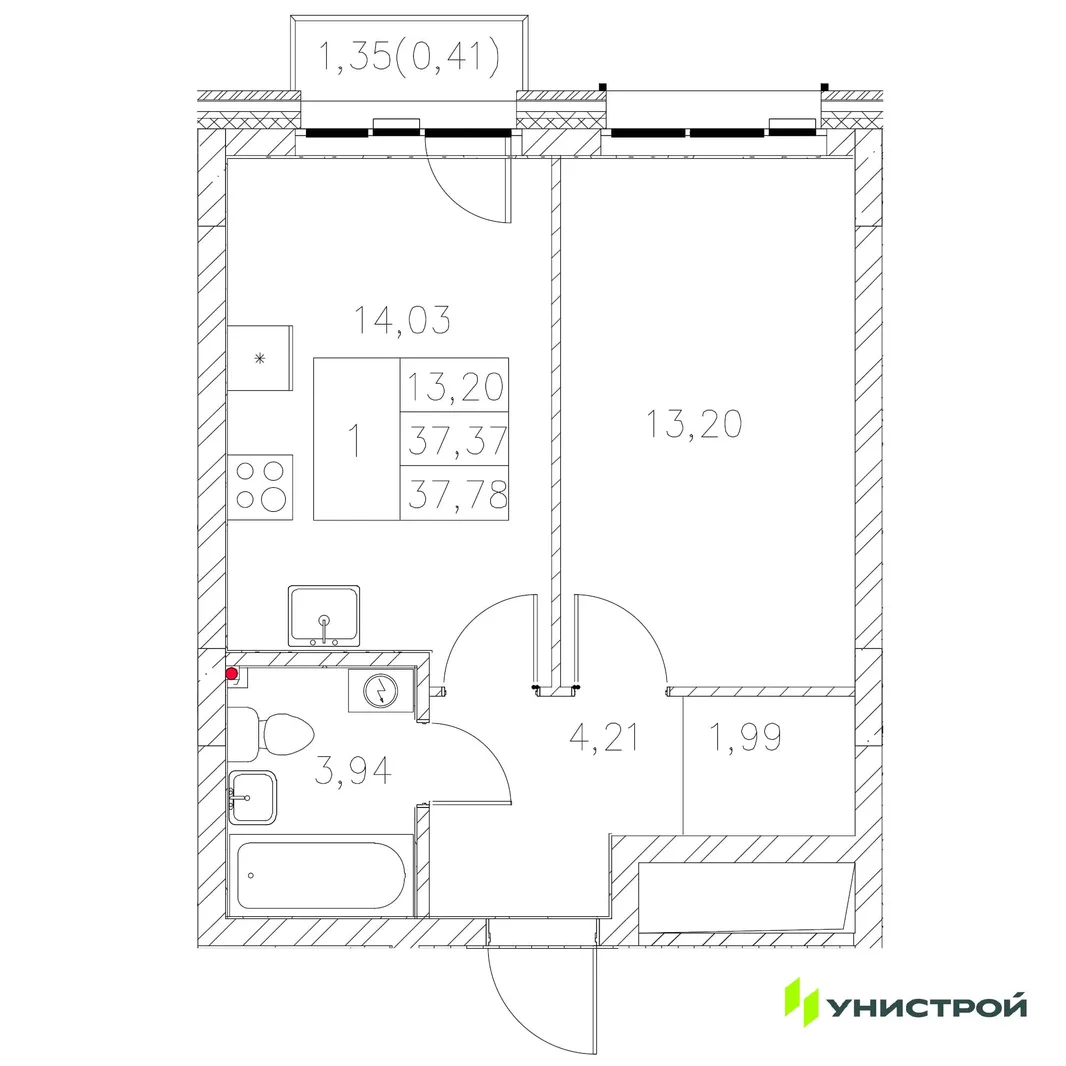 Планировка 1-комн. квартира, 37.78 м² ЖК «Statum»