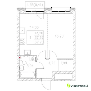 Планировка 1-комн. квартира, 37.78 м² ЖК «Statum»