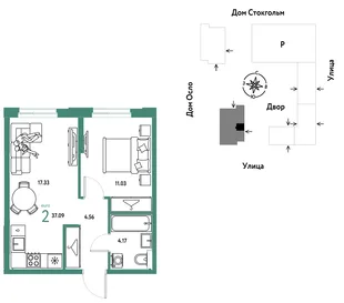 Планировка 2-комн. квартира, 37.09 м² ЖК «Европейский берег 2.0»