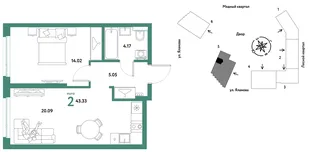 Планировка 2-комн. квартира, 43.33 м² ЖК «Сибирский сад»