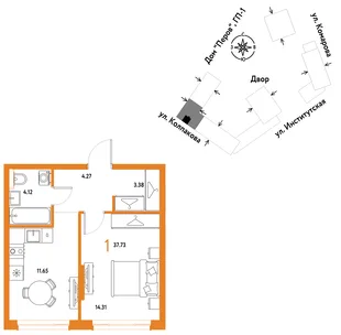 Планировка 1-комн. квартира, 37.73 м² ЖК «Страна.Парковая»