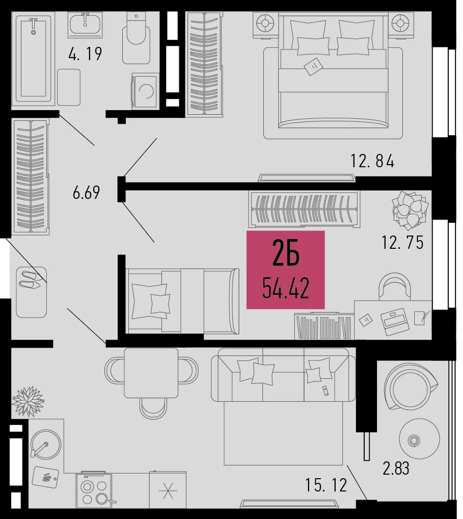 Планировка 2-комн. квартира, 54.42 м² ЖК «Столицыно»