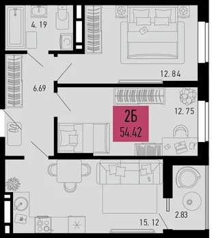 Планировка 2-комн. квартира, 54.42 м² ЖК «Столицыно»