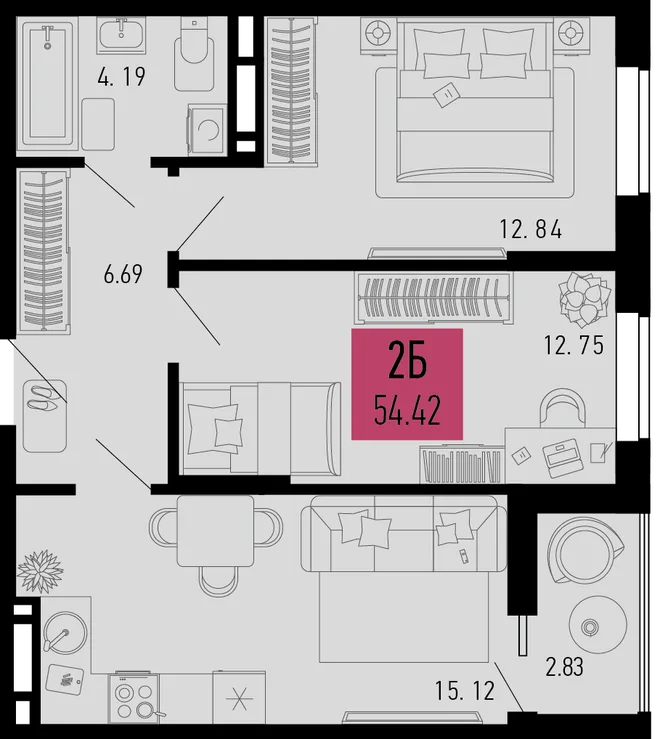 Планировка 2-комн. квартира, 54.42 м² ЖК «Столицыно» Планировка 2-комн. квартира, 54.42 м² ЖК «Столицыно»