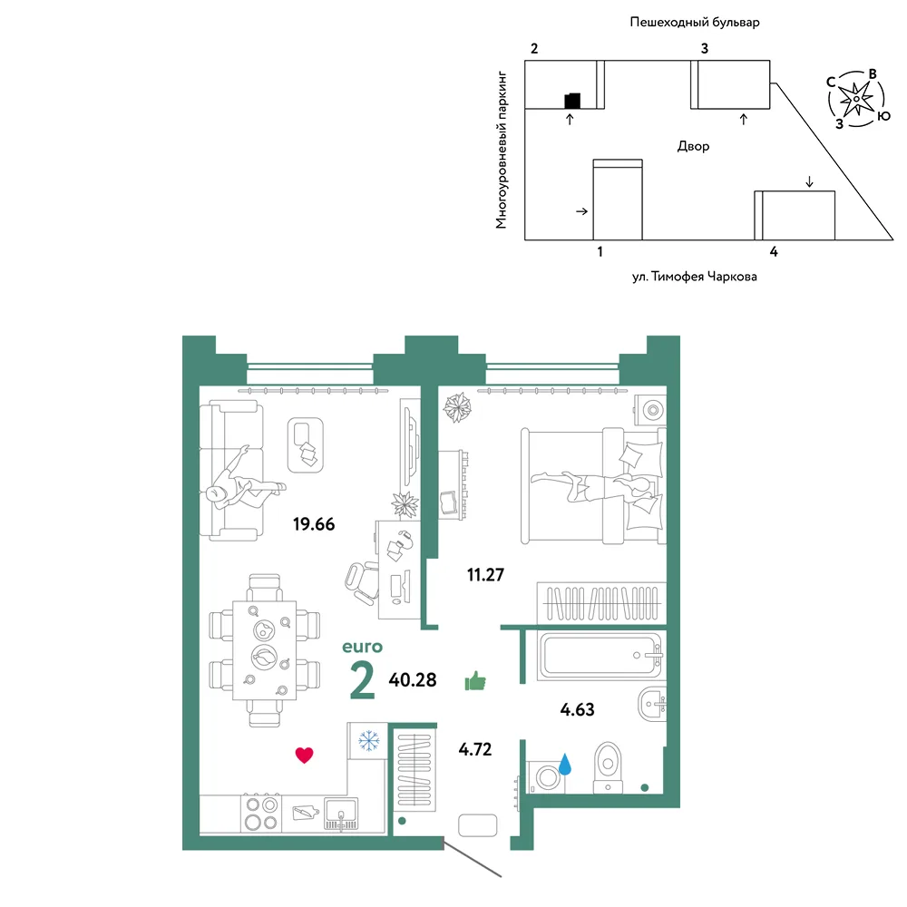 Планировка 2-комн. квартира, 40.28 м² ЖК «Микрорайон Звездный»