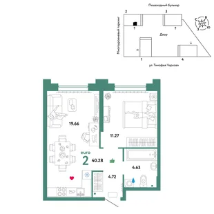 Планировка 2-комн. квартира, 40.28 м² ЖК «Микрорайон Звездный»