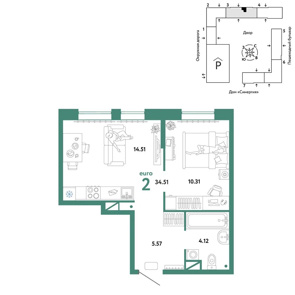 Планировка 2-комн. квартира, 34.51 м² ЖК «Юнион»