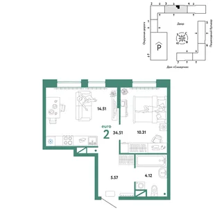 Планировка 2-комн. квартира, 34.51 м² ЖК «Юнион»