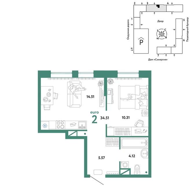 Планировка 2-комн. квартира, 34.51 м² ЖК «Юнион»