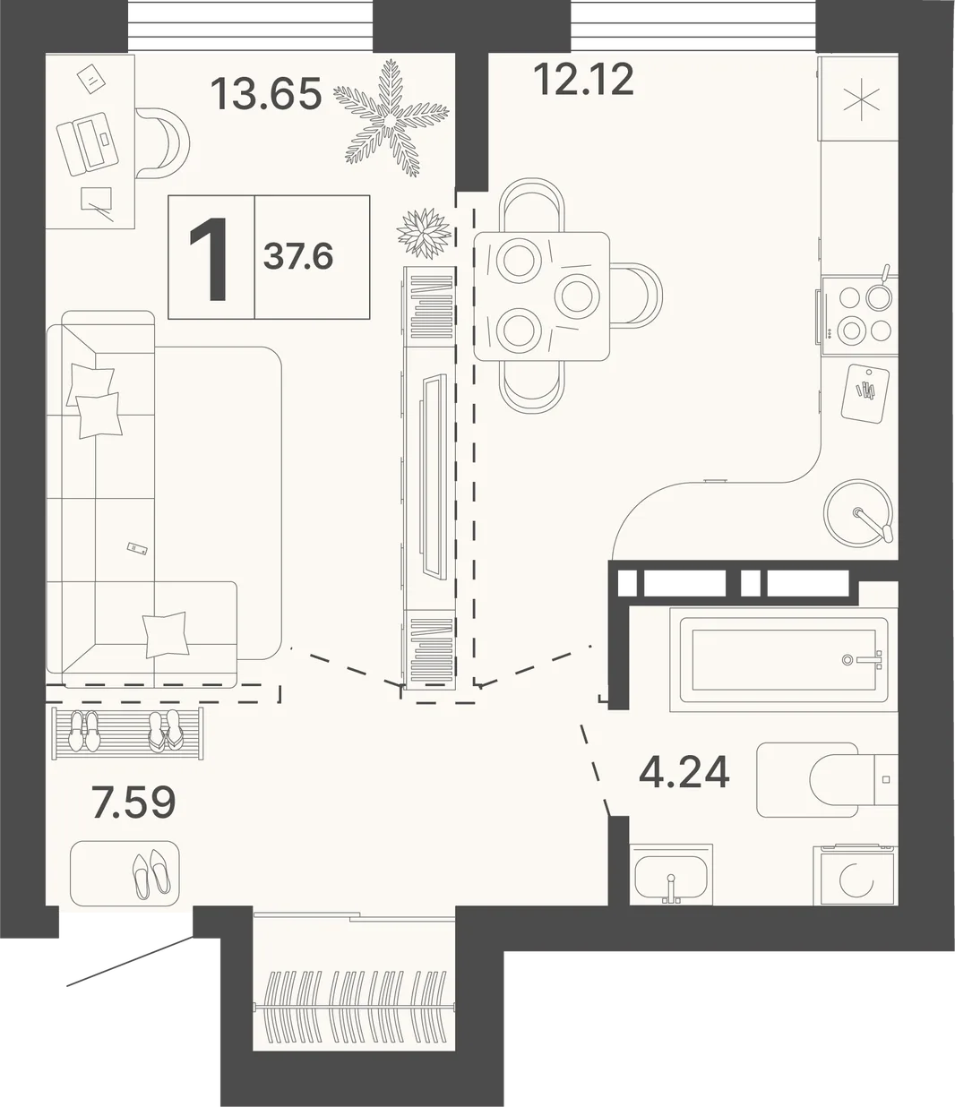 Планировка 1-комн. квартира, 37.6 м² ЖК «Светский лес»