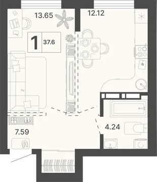 Планировка 1-комн. квартира, 37.6 м² ЖК «Светский лес»