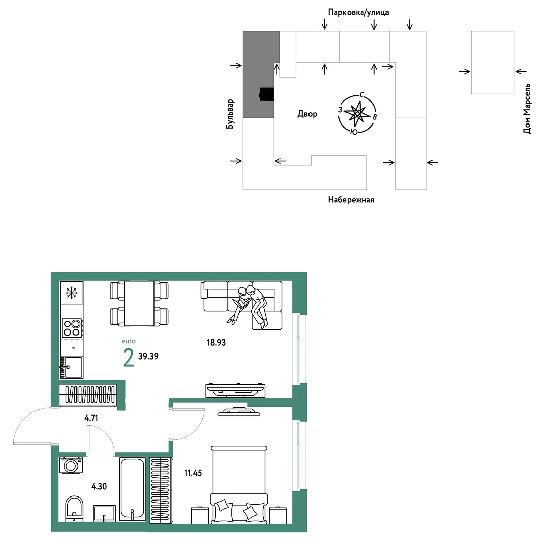 Планировка 2-комн. квартира, 39.39 м² ЖК «Европейский берег 2.0»