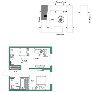 Планировка 2-комн. квартира, 39.39 м² ЖК «Европейский берег 2.0»