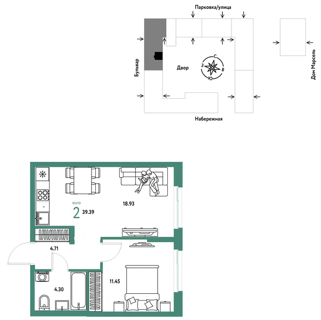 Планировка 2-комн. квартира, 39.39 м² ЖК «Европейский берег 2.0» Планировка 2-комн. квартира, 39.39 м² ЖК «Европейский берег 2.0»