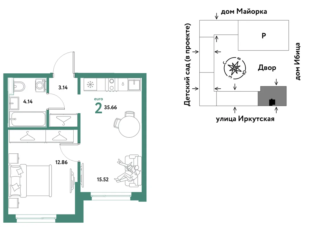 Планировка 2-комн. квартира, 35.66 м² ЖК «Остров-сад»