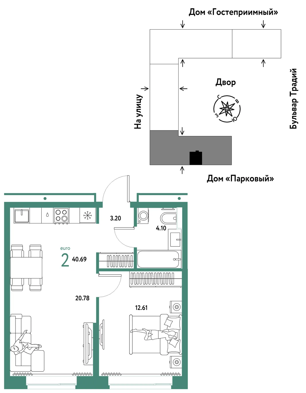 Планировка 2-комн. квартира, 40.69 м² ЖК «Микрорайон Домашний»