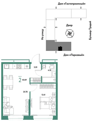 Планировка 2-комн. квартира, 40.69 м² ЖК «Микрорайон Домашний»
