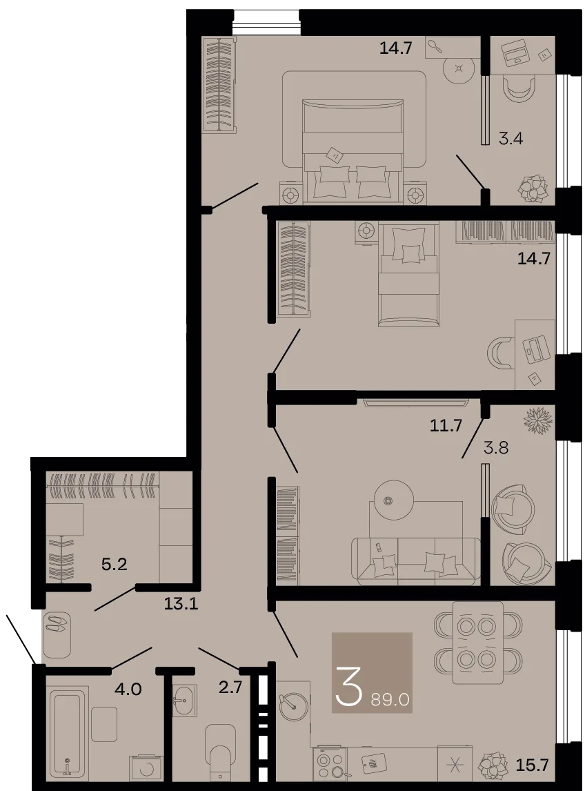 Планировка 3-комн. квартира, 89 м² ЖК «Хозяин морей»