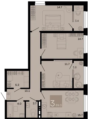 Планировка 3-комн. квартира, 89 м² ЖК «Хозяин морей»