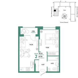 Планировка 2-комн. квартира, 36.52 м² ЖК «Микрорайон Домашний»