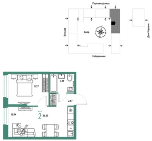 Планировка 2-комн. квартира, 36.35 м² ЖК «Европейский берег 2.0»