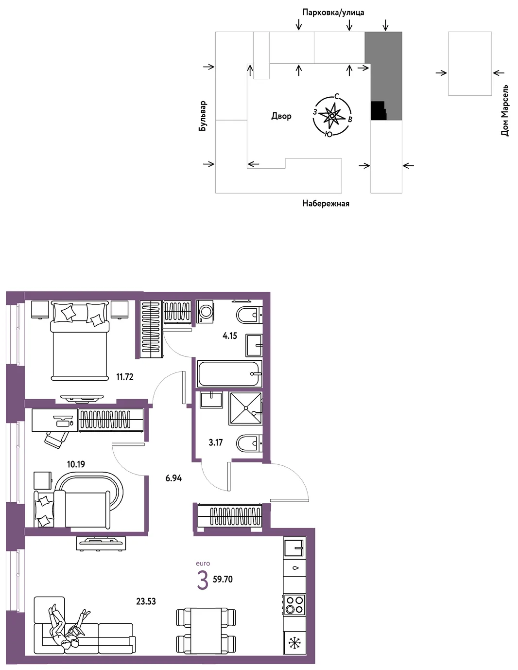 Планировка 3-комн. квартира, 59.7 м² ЖК «Европейский берег 2.0»